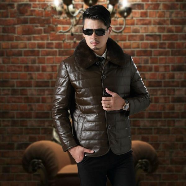 

men's leather & faux 2021 real jacket men autumn winter sheepskin down coat collar genuine jackets t2 kj3007, Black