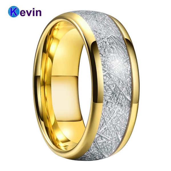 

cluster rings men women gold ring tungsten wedding band with white meteorite inlay width 6mm 8mm comfort fit, Golden;silver
