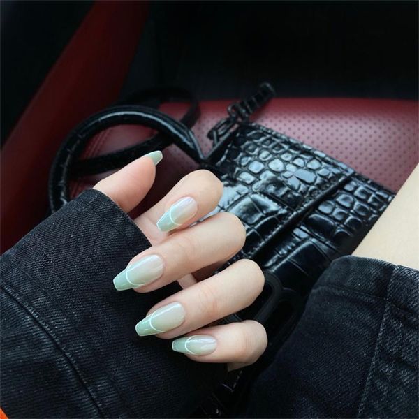 

false nails french crystal green short ballet coffin fake with glue press on jp829, Red;gold