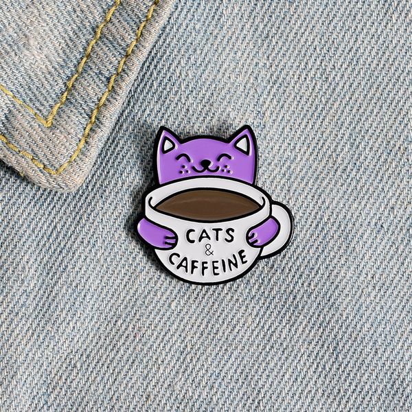 

cartoon creative purple cat drinking coffee funny brooches cute letter animal enamel pins alloy brooch for girls denim shirt badge jewelry g, Gray