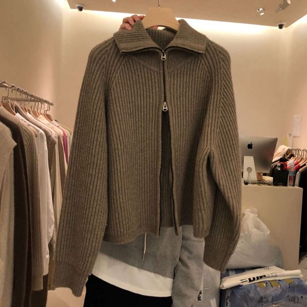 

trend korea dongdamen fall / winter 2020 lapel zipper sweater coat girls' vertical bar thickened knitting top, White;black