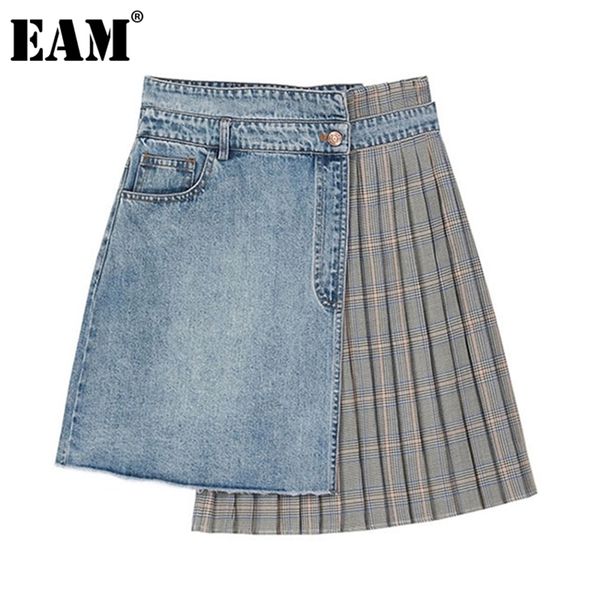 

[eam] high waist blue plaid denim irregular split joint half-body skirt women fashion tide new spring summer 1z262 210315, Black