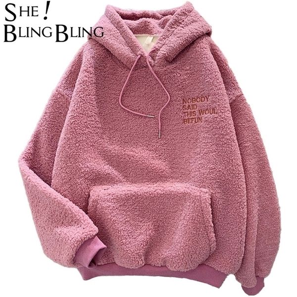 

sheblingbling faux fur fluffly autumn winter women hoodies letter embroidery hooded sweatshirt loose long sleeve pullovers 201126, Black