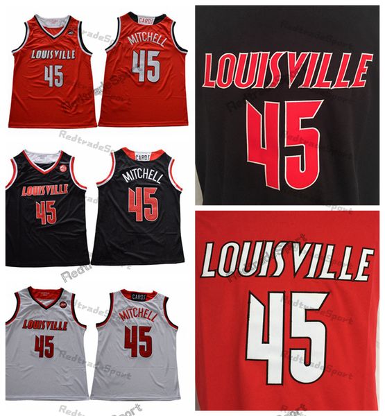 Mens Louisville Donovan Mitchell College Baloncesto Jerseys Vintage # 45 Inicio Rojo Negro Jersey cosido Camisetas S-XXL