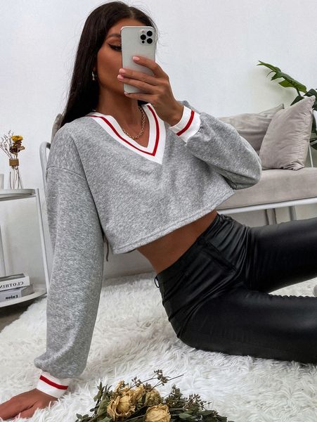 

striped print drop shoulder crop sweatshirt 10si#, White;black