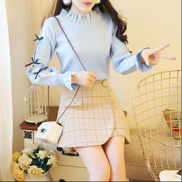 

2021 spring and autumn new korean beaded lace stitching knitted western drop shipping high quality, White;black