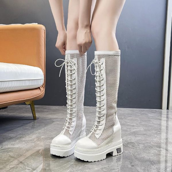 

boots shoes lace up round toe women 2021 luxury designer flat heel summer leather fashion rock over-the-knee white ladies hi, Black