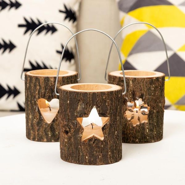 

2021 new wooden pillar candlestick hollow christmas tree snowflake candle holder rustic