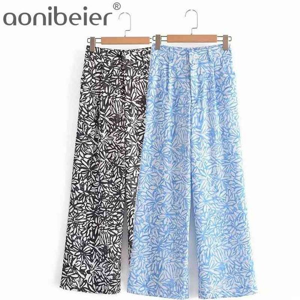 

summer printed women trousers fashion folds front high waist casual loose ankle length pants female straight pantalons 210604, Black;white