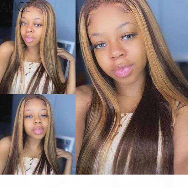 

alice highlight straight t-part lace front human hair wigs 150% density scalp closure wigs non-remy, Black;brown