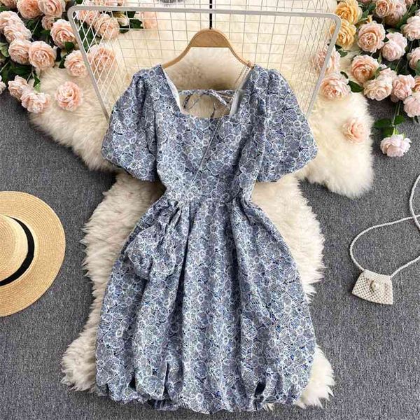 

women fashion sweet summer mini a-line dress square neck short sleeve slim floral print clothing vestidos s429 210527, Black;gray