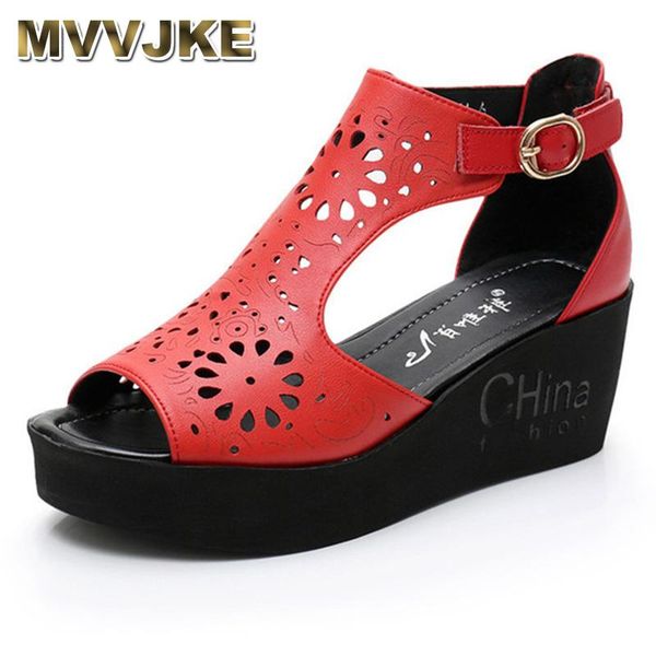 

sandals mvvjke 2021 hollow out genuine leather women shoes wedge platform summer woman fashion casual, Black