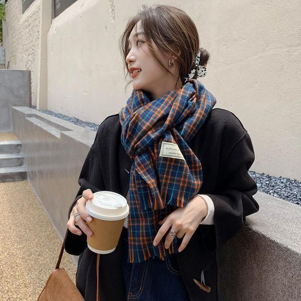 

scarves 2021autumn and winter japanese imitation cashmereplaid women's scarf thickened warm with shawl fashionable, Blue;gray