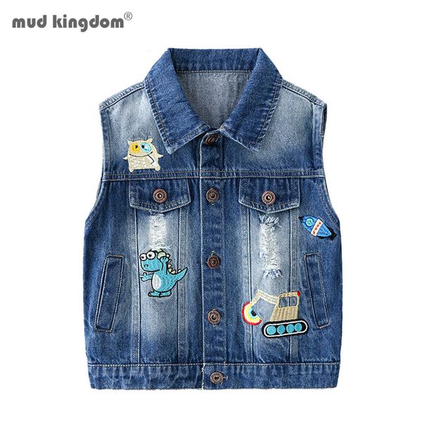 Mudkingdom Mode für kleine Jungen, zerrissene Jeansweste mit niedlichem besticktem Cartoon-Frühlings- und Herbst-Kinder-Cowboy 210615