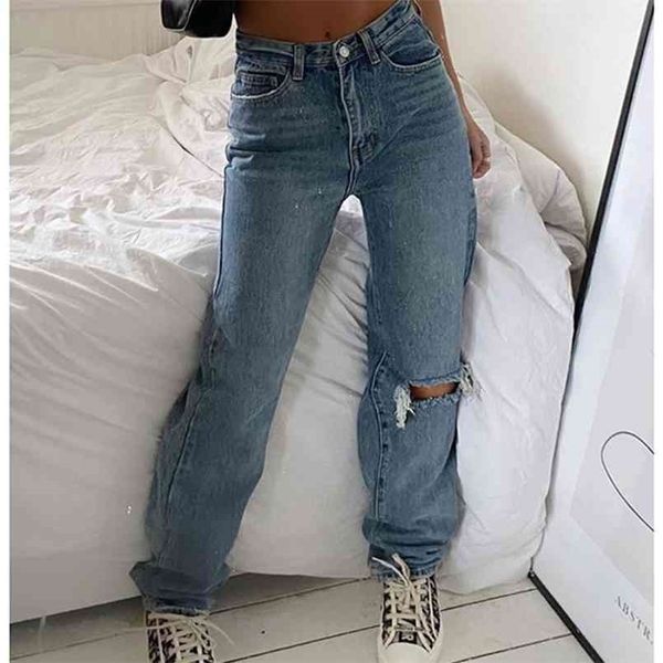 

yiciya hole ripped straight baggy jean high waist casual y2k streetwear 90s wide leg boyfriend pant hollow denim trousers 210809, Blue