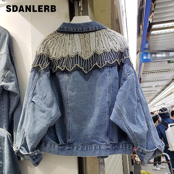

jeans jackets women crystal pearl shawl lapel washed loose jeans coat long sleeve vintage jackets 2021 fashion clothing, Black;brown