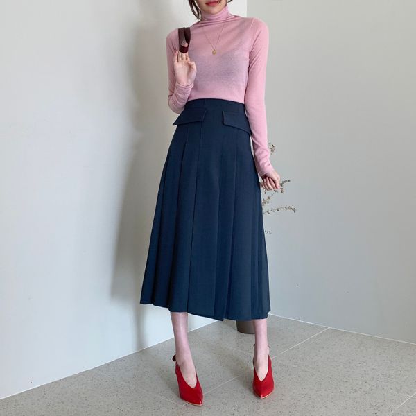 

high 2021 waist pleated split midi skirt women fashion tide new spring autumn office lady kd7a, Black