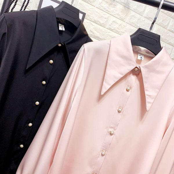 

luxury women's french minority pearl button pointed collar spring chiffon dress loose foreign style silk satin shirt bottom coat 2021, White
