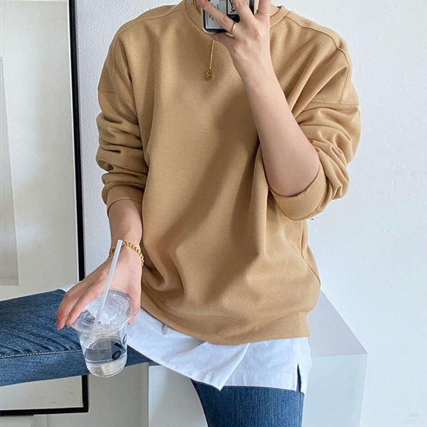 

autumn women's sweater korean solid color pullover sweater round neck loose medium and long air, Black