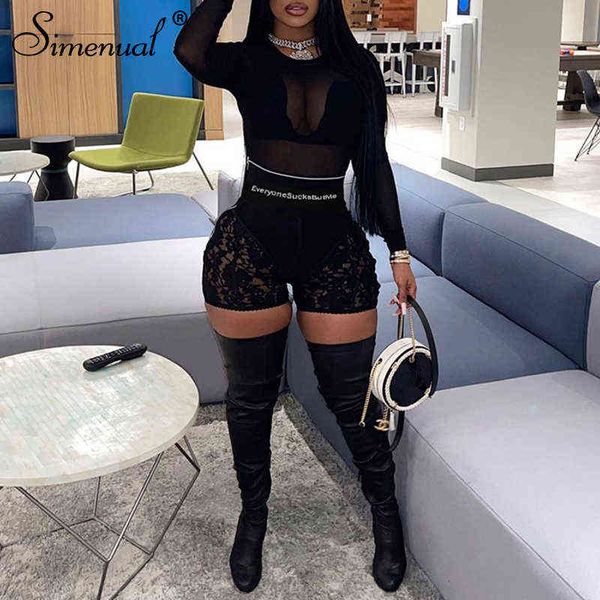 

simenual high waist letter print skinny lace mini shorts zipper summer 2021 women outfits one piece hollow out black shorts y220311, White;black