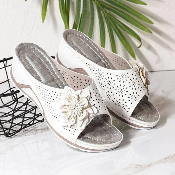 

slippers women summer ladies fashion casual shoe open toe flat hollow flower wedge heel beach sandals plus size d9#, Black