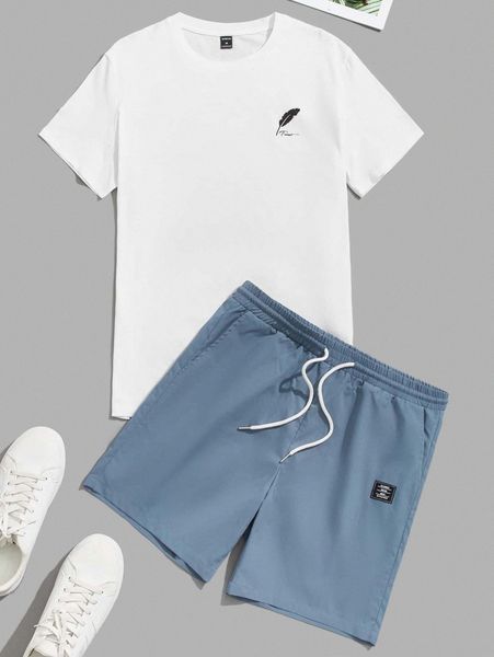 

men graphic print tee & drawstring waist shorts n2b1#, Gray