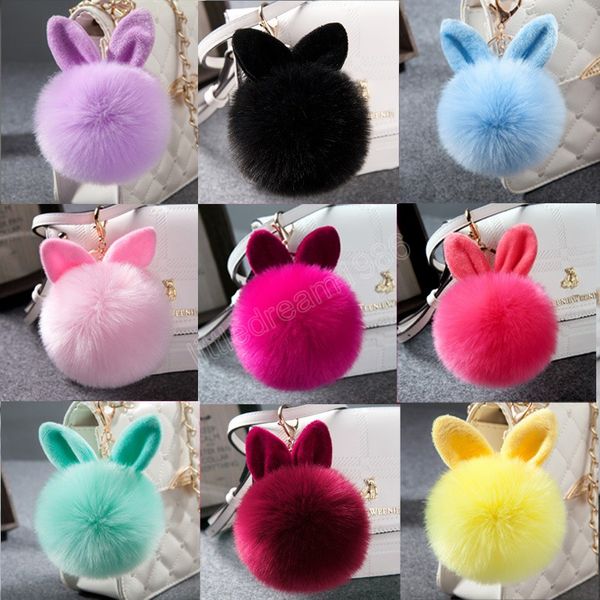 

cute fluffy bunny toys ear keychain rabbit key chain fur woman bag charms keyring pom pom car pendant pompom holder jewelry, Slivery;golden