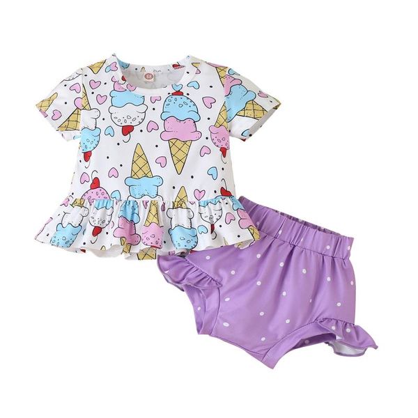 

clothing sets infant baby girl summer outfits clothes cute sunflower/ice cream print short sleeve ruffles +shorts two pieces, White