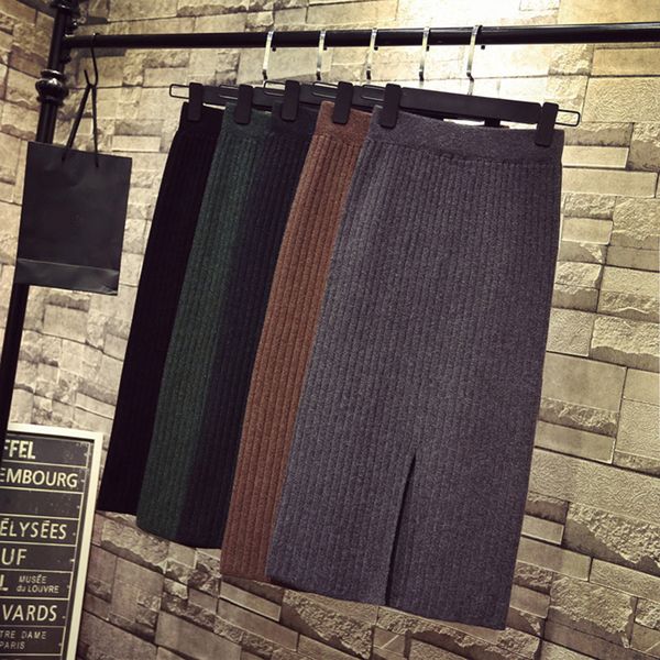 

2021 new vintage autumn winter elastic high waist casual midi knitted skirt a line solid color skirts women 5j6q, Black