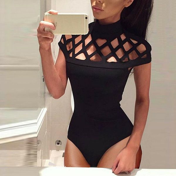 

women's jumpsuits & rompers ladies hollow out short sleeve bodysuit summer womens caged choker stretch jumpsuit women high neck solid p, Black;white