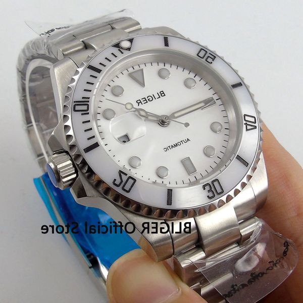 

sapphire glass 40mm bliger white dial ceramic bezel luminous marks date magnifier miyota automatic movement men's watch b67, Slivery;brown