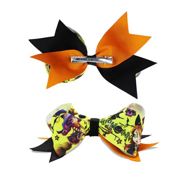 

girls hair accessories clips kids barrettes baby bb clip childrens halloween party bows hairpin pumpkin cartoon pattern ribbon 5.3inch festi, Slivery;white
