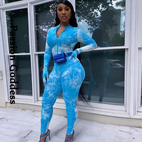 

gym clothing fitness women tie-dye printed zipper bodycon jumpsuits long sleeve elastic rompers tight full overalls stretchy autumn, White;black