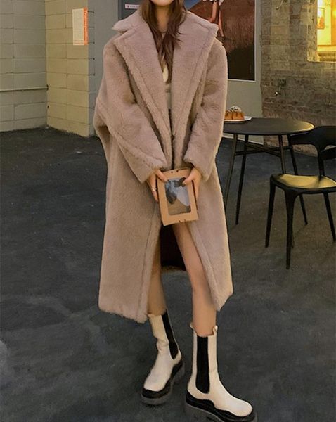 

women's fur & faux korean imitation lamb wool coat mid-length plus cashmere 2021 winter thick and versatile teddy, Black