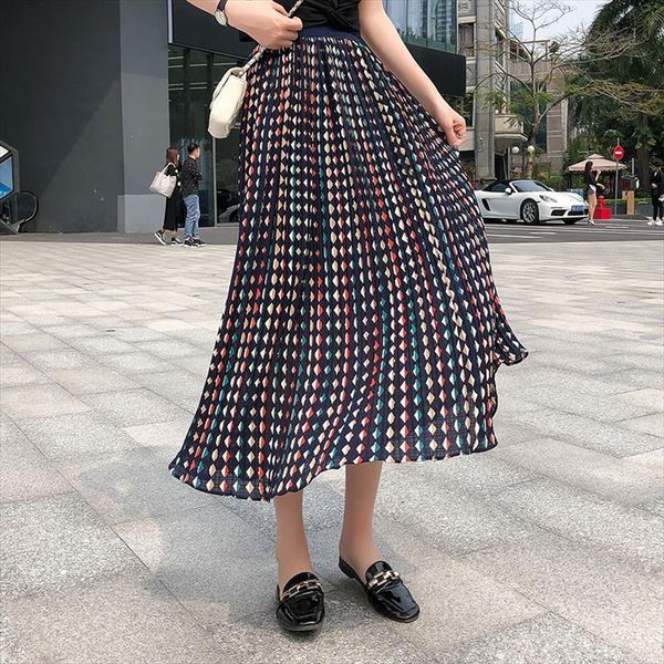 

spring autumn bohemian vintage womens skirt colorful striped printed floral dotted pleated chiffon long skirts navy apricot, Black
