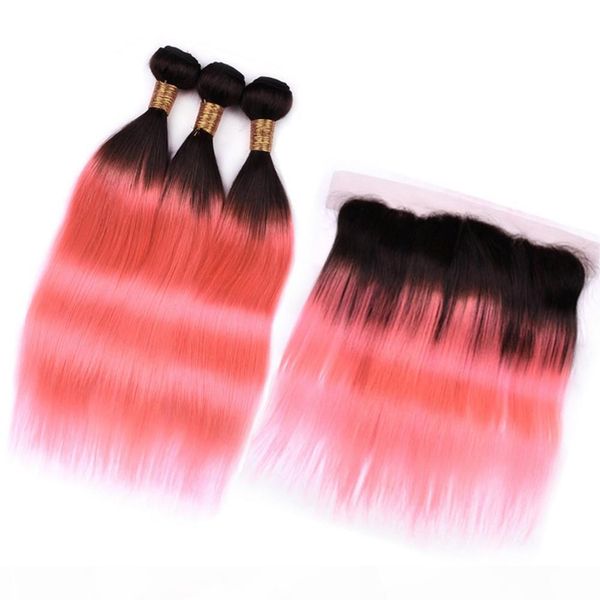 

malaysian human hair pink ombre lace frontal closure 13x4 with weaves #1b rose gold ombre straight human hair 3bundles and frontal 4pcs lot, Black;brown