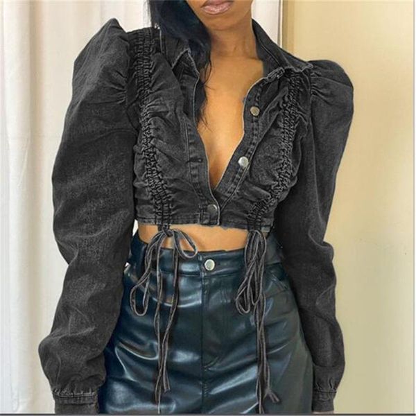 

women's jackets 2021 autumn winter long-sleeved lapel fashion loose short denim single-breasted jacket, Black;brown