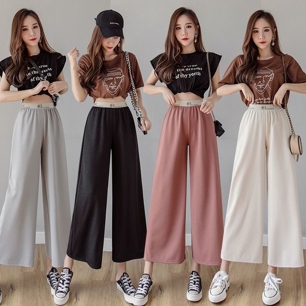 

2021 summer new wide-leg pants plus-sized fashion korean style refreshing breathable and loose cropped pants letter high waist casual pants, Black;white