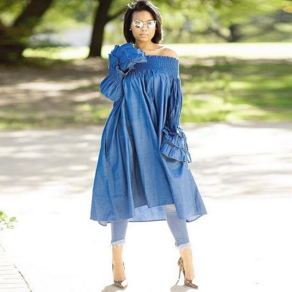 

casual dresses okayoasis women slash neck long flare sleeve elegant denim skater dress jeans autumn, Black;gray