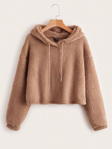 

plus drop shoulder drawstring teddy hoodie k2mb#, Black