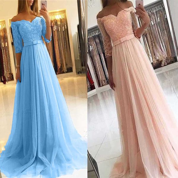 

luxury evening dress 2021 winter long sleeved lace mh pink medium waist wedding bridmaid ball, Black;gray