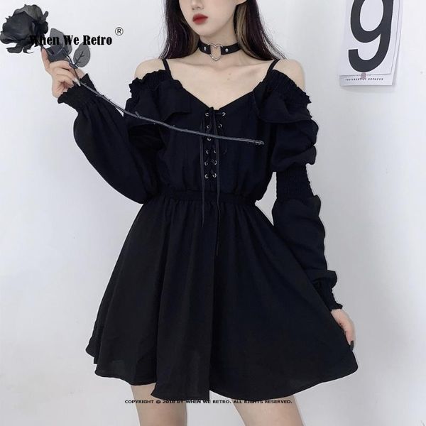 

casual dresses women dress lace up black autumn 2021 high waist femme off shoulder long sleeve gothic clothes vd2151, Black;gray