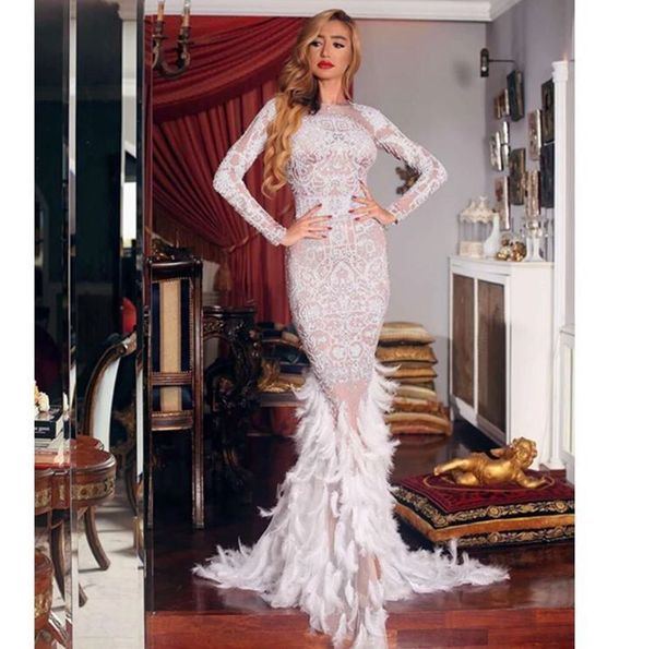 

white elastic black long sleeve shiny crystal beads feather trumpet dress party attire ot0u