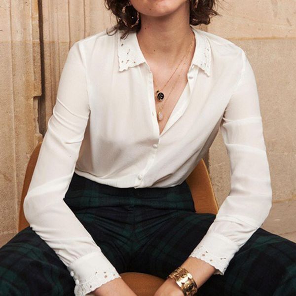 

2021 new embroidery silk summer vintage hollow out collar long sleeve elegant white shirt office lady tunic blouse women l18n