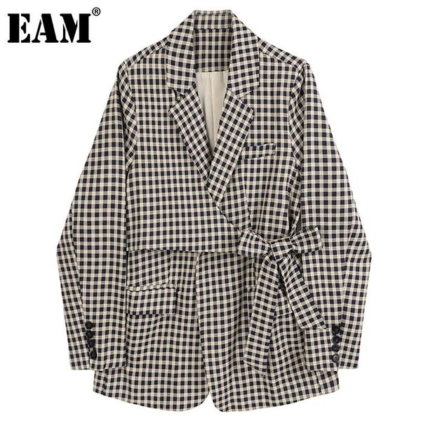 

[eam] women plaid bandage blazer new notched collar long sleeve loose fit jacket fashion tide spring autumn 2021 1dd5043, White;black