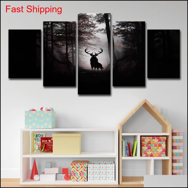 

modern canvas prints pictures home decor living room 5 pieces deer dark forest night paintings wall qylgfu toys2010