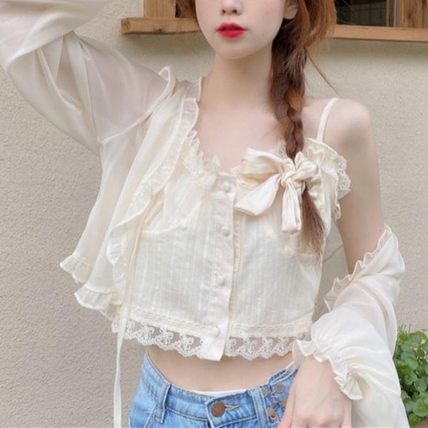 

women's polos summer solid casual fairy blouse for women french beach outing pretty mini strap vest chiffon sweet 2021, White