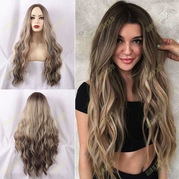 

women's chemical fiber wig medium split water ripple long curl wig set, Black