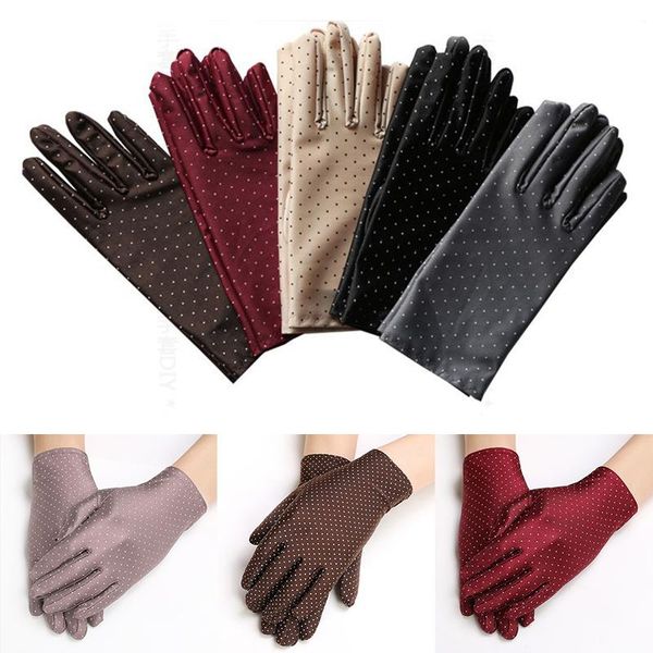 

five fingers gloves elegant thin dot summer anti-skid sun patchwork women protection driving short elastic mitteen, Blue;gray