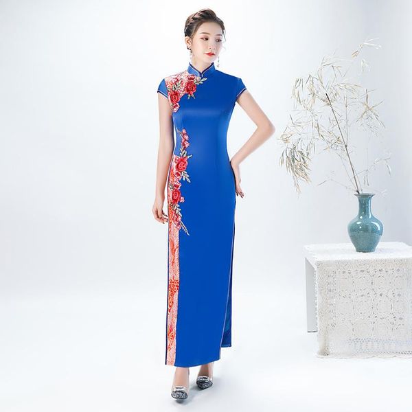 

ethnic clothing slim satin appliques solid cheongsam lace mandarin collar chinese dress high slit vintage oriental qipao evening party, Red
